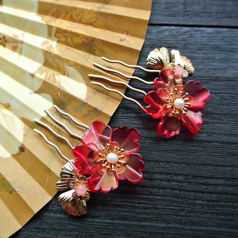 Apricot and flower four-tooth hair comb (new version + one pair) - 8 colors in total - Hair Accessories - Copper & Brass Red