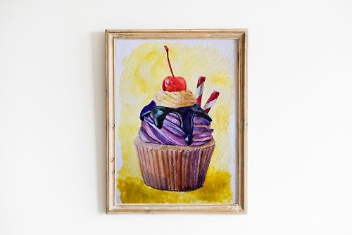 ArtLizzi Sweet Cupcake watercolor art/Original painting/Framed/Gift/Home decor