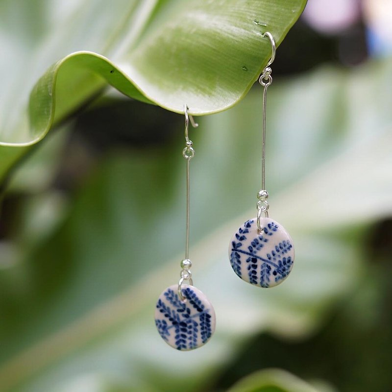 blue leaf earring 001  - Earrings & Clip-ons - Pottery Blue