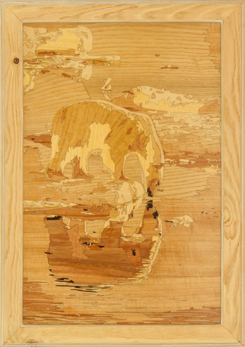 Polar Bear Arctic wildlife wood mosaic wild nature eco gift inlay framed panel - 壁貼/牆壁裝飾 - 木頭 橘色