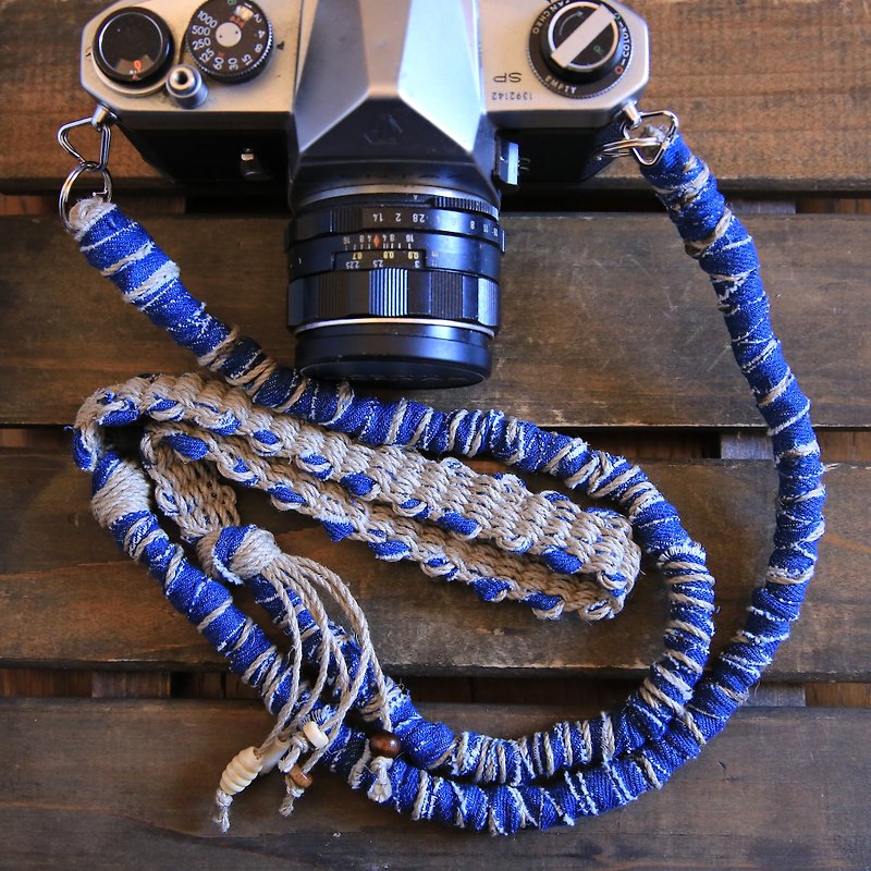 Color faded denim ripped cloth hemp string hemp camera strap / double ring - Lanyards & Straps - Cotton & Hemp Blue