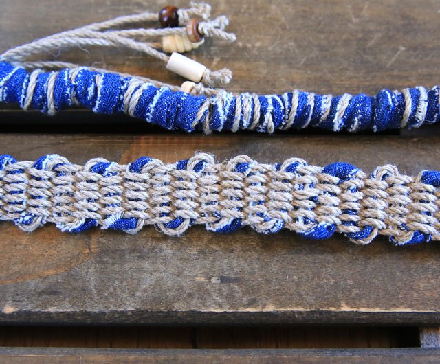 hemp strung triangular earrings. cotton strung Denim colored