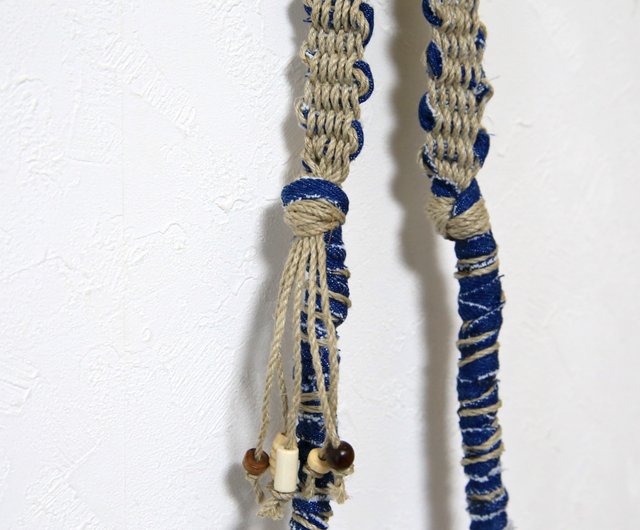 hemp strung triangular earrings. cotton strung Denim colored
