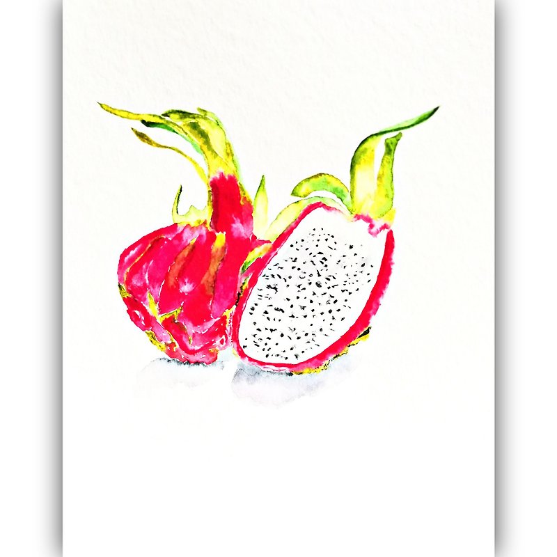 Watercolor Original Dragon Fruit Painting Food Illustration Room Decor Art - 掛牆畫/海報 - 紙 多色