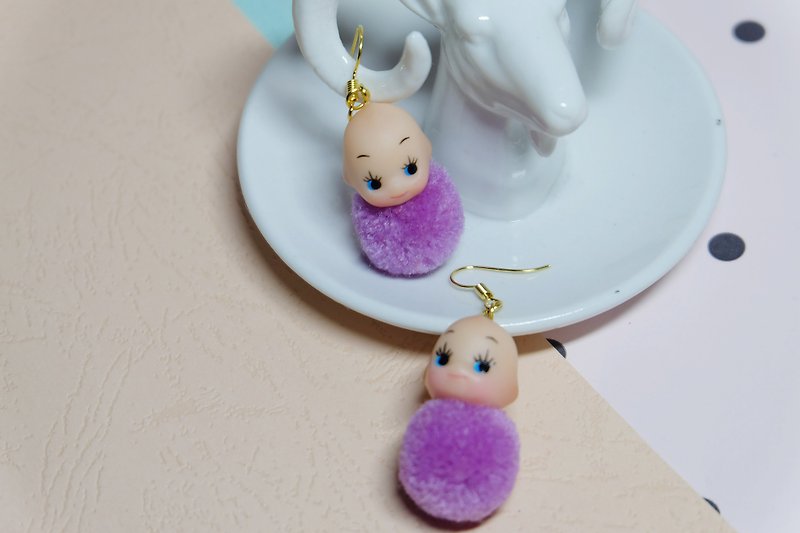 Remade Kewpie Dolls/ doll earrings/Playful decoration/handmade/vintage doll/Kawa - Earrings & Clip-ons - Plastic Purple