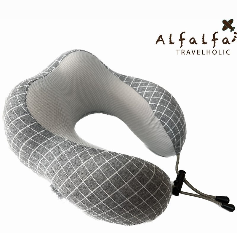 Curve Shaped Chequered Memory Foam Travel Neck Cushion - Gray /white chequered - หมอนรองคอ - ไฟเบอร์อื่นๆ สีเทา