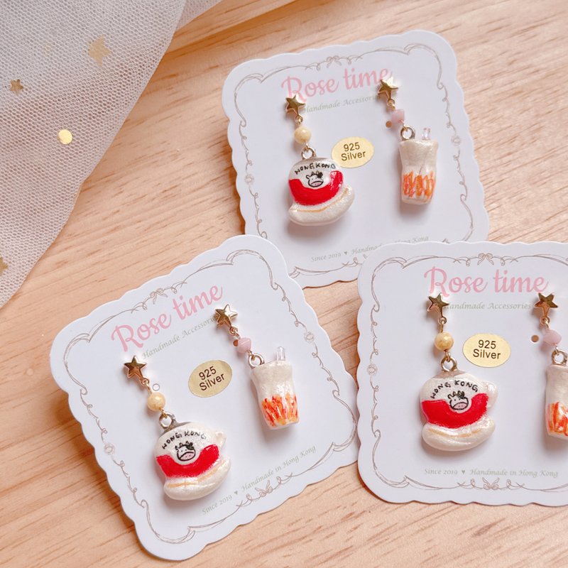 熊熊麵包師傅  法棍和牛角包 耳環 - 耳環/耳夾/耳骨夾 - 黏土 金色