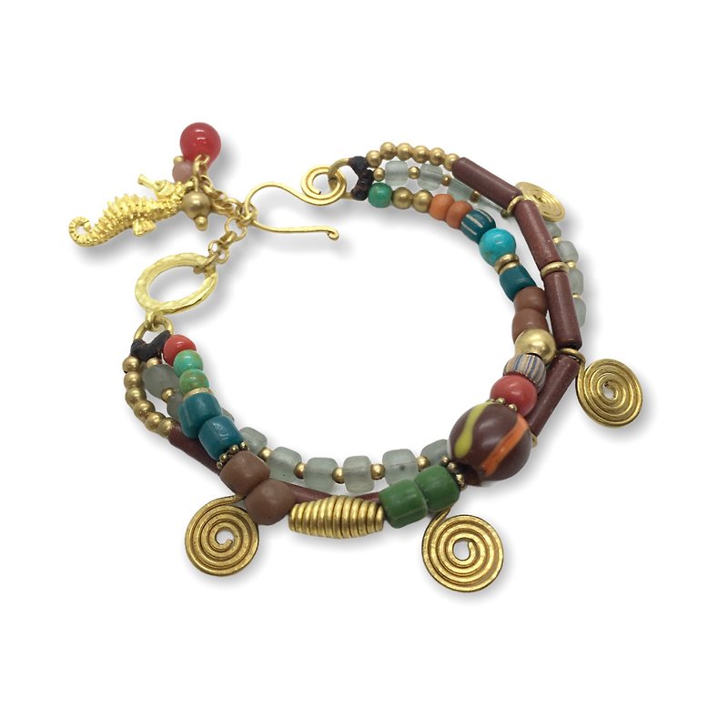 Indo-beads and crystal 3 in 1 bracelet. - 手鍊/手鐲 - 石頭 咖啡色