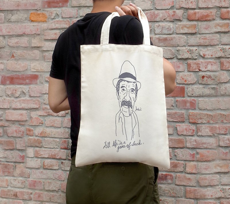 Old man smoking. All life is a game of luck .Canvas tote bag