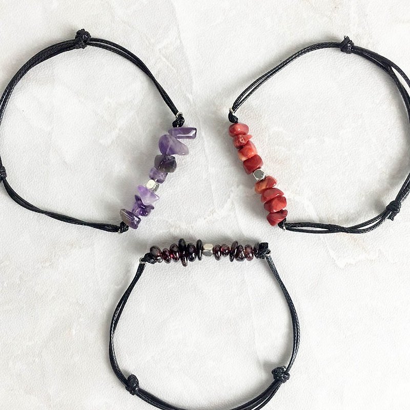 | Crushed Stone birthstone series | 1 ~ March amethyst Stone red coral (x leather cord bracelet hand-x) - Bracelets - Gemstone Multicolor