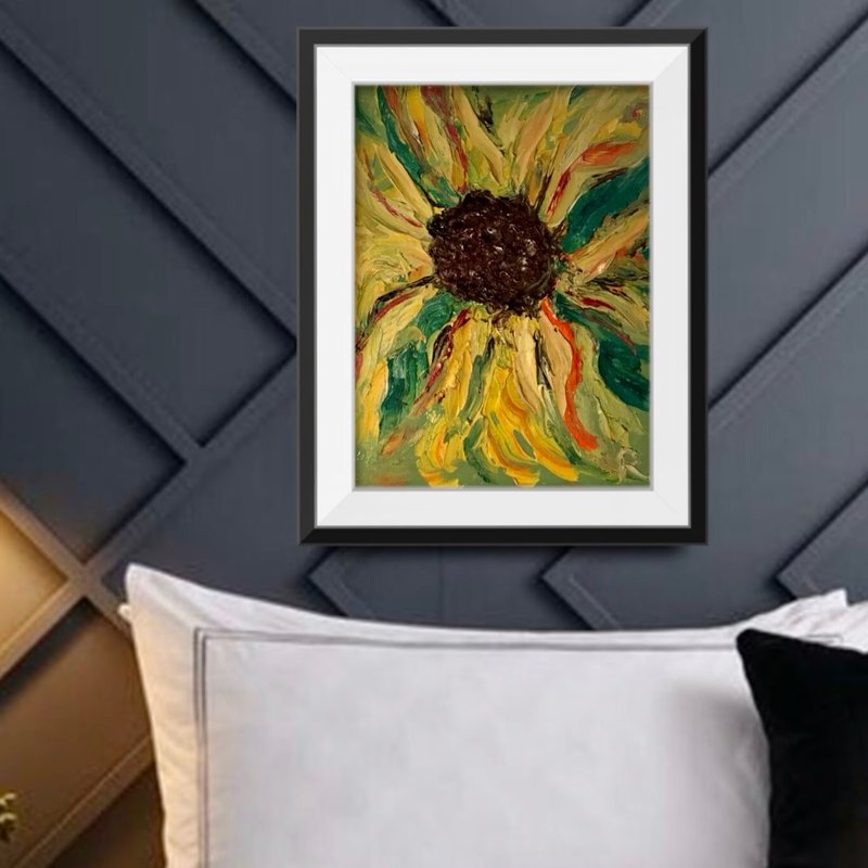 Sunflower heavy textured impasto oil painting, wall art - 壁貼/牆壁裝飾 - 其他材質 橘色