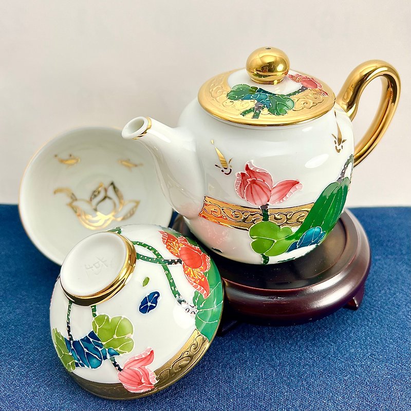 [Dali Kiln] Gilt Fahua Colored Integrity Gentleman Lotus Pot Set (1 pot, 2 cups/box) - ถ้วย - ดินเผา 