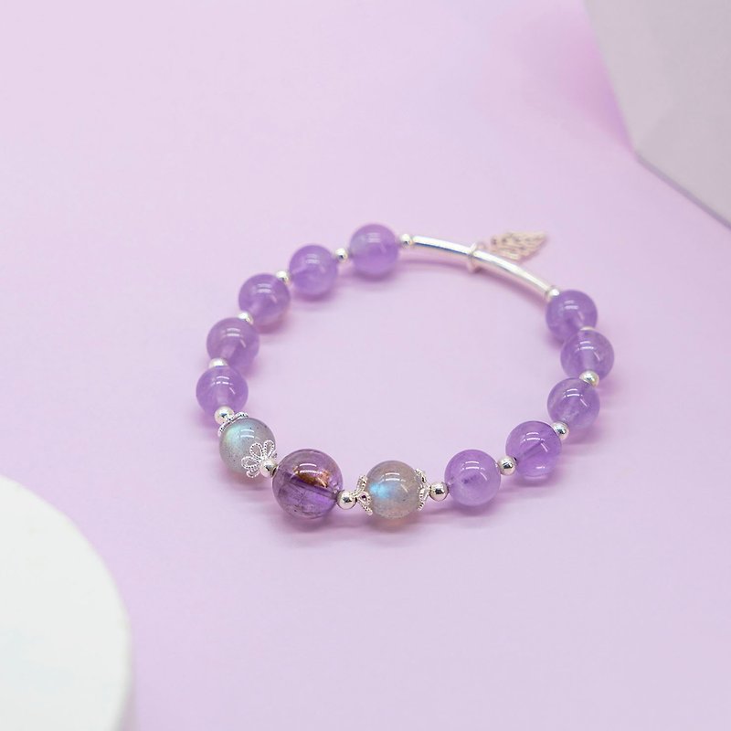 Lavender Amethyst Labradorite Purple Ghost 925 Sterling Silver Leaf Charm Crystal Bracelet - Bracelets - Crystal Purple