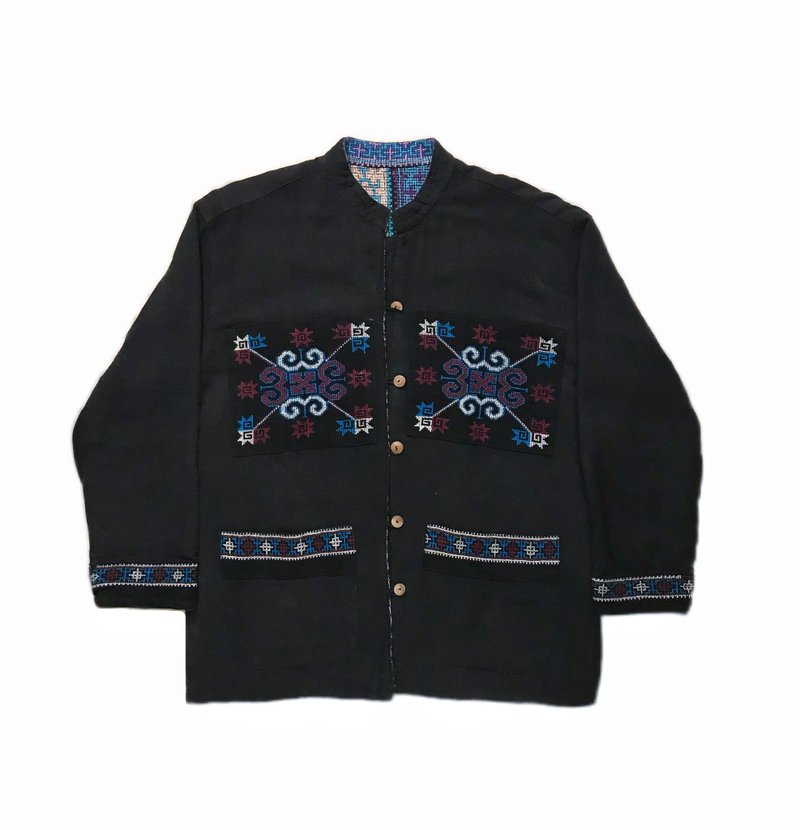 • 愛頭牌 •Vintage Miao Hmong Cross Stitch Jacket 苗族手工 - 男夾克/外套 - 棉．麻 藍色