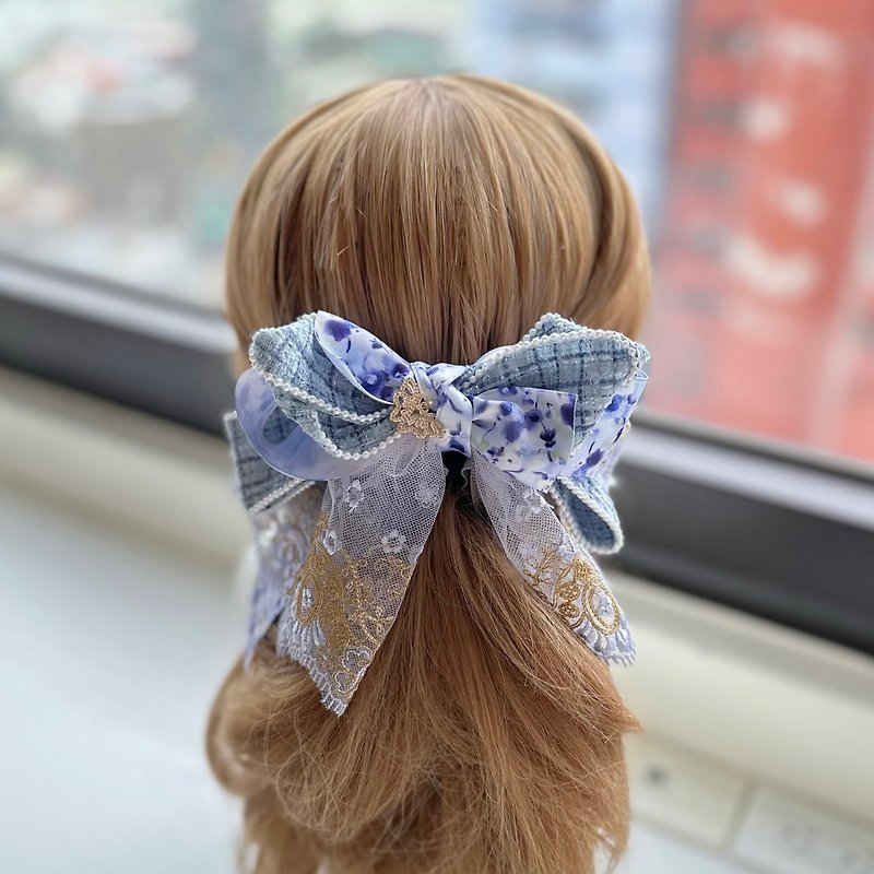 Exclusive lace bow intersecting clip banana clip fairy clip hair clip - blue, purple and gray - เครื่องประดับผม - วัสดุอื่นๆ สีน้ำเงิน