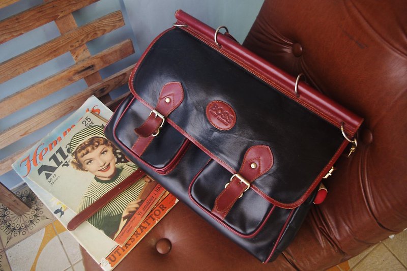 European antique bag-BOSS black x red square retro bag briefcase - Messenger Bags & Sling Bags - Genuine Leather Black