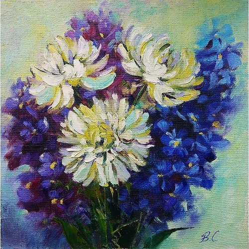 Diven.art Original Oil Painting Bouquet Chrysanthemum Flowers Impressionism 30x30 cm