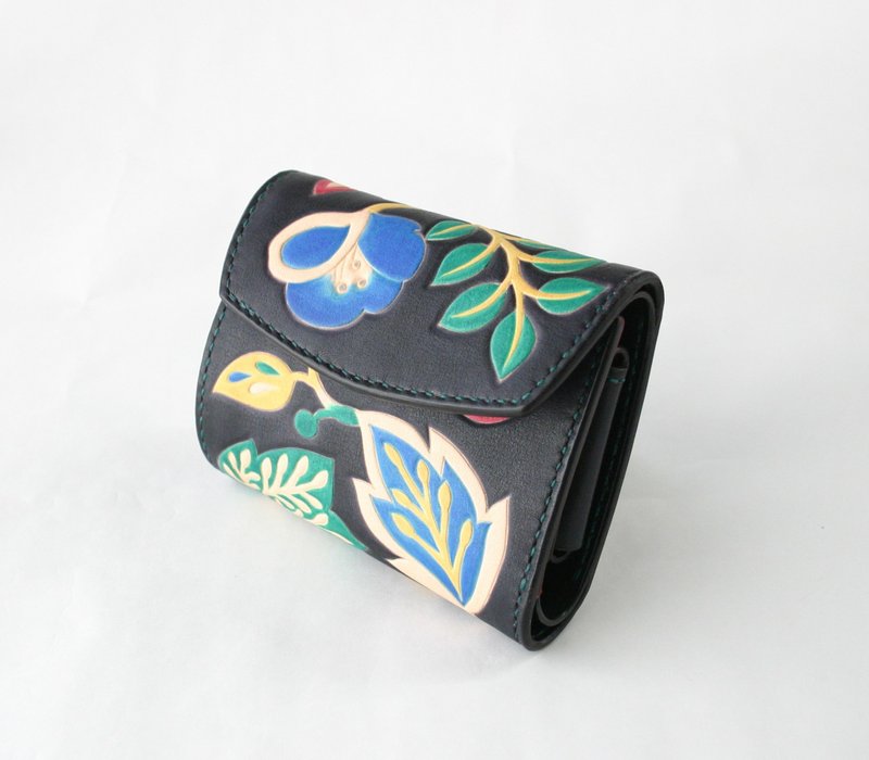 手染め手縫いの革財布　Elegant Flower Black - 皮夾/長短夾/錢包 - 真皮 黑色