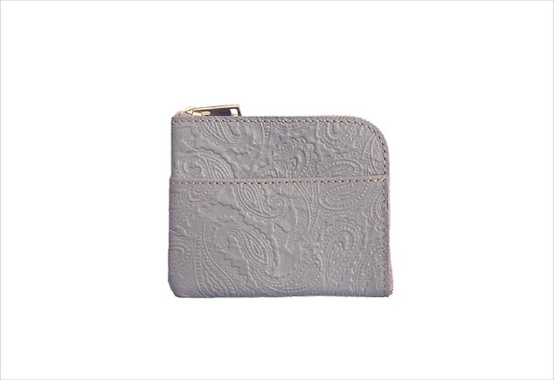 L-Shape Small Wallet with Paisley Stamping Color: Gray - Wallets - Genuine Leather Gray