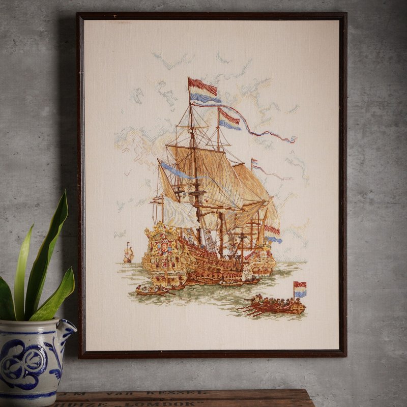 Vintage framed Dutch embroidery of a Dutch galleon - Posters - Cotton & Hemp Multicolor