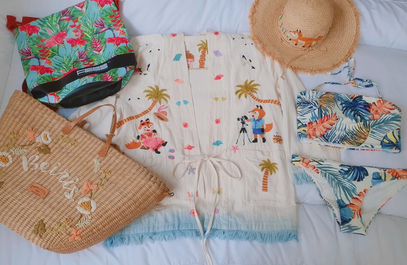 手工刺繡開衫、沙灘、狐狸、海、貝殼、花卉、椰子樹 - 女大衣/外套 - 繡線 白色