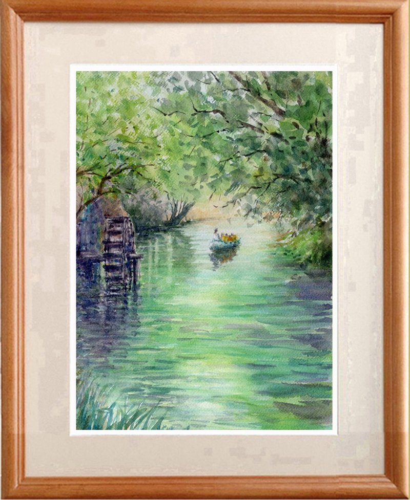Original watercolor painting Azumino clear stream 2 - โปสเตอร์ - กระดาษ สีเขียว