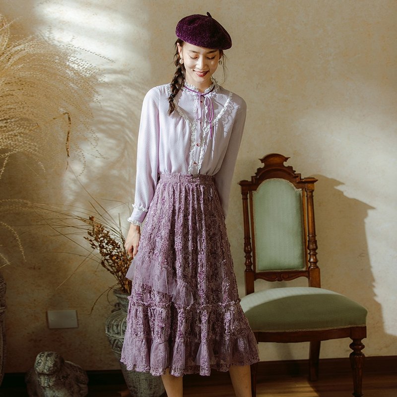 【畢卡索花園】網紗蕾絲半身裙2021新款超仙高腰A字裙 - 裙子/長裙 - 聚酯纖維 紫色