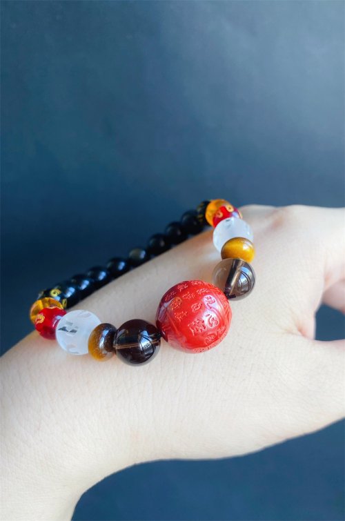 樂藏｜輕珠寶｜手作能量 護 硃砂心經 黑曜石 茶晶 健康 六字琉璃珠 設計款 男女手