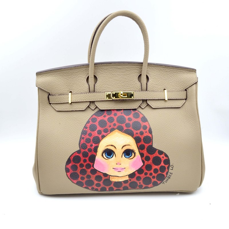 Khaki hand-painted red and black polka-dot doll head handbag bag head layer cowhide strong high quality can be customized color - Handbags & Totes - Genuine Leather Khaki