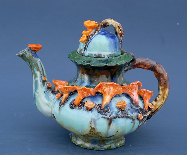 Large teapot Handmade unusual ceramic teapot Mushrooms figurine