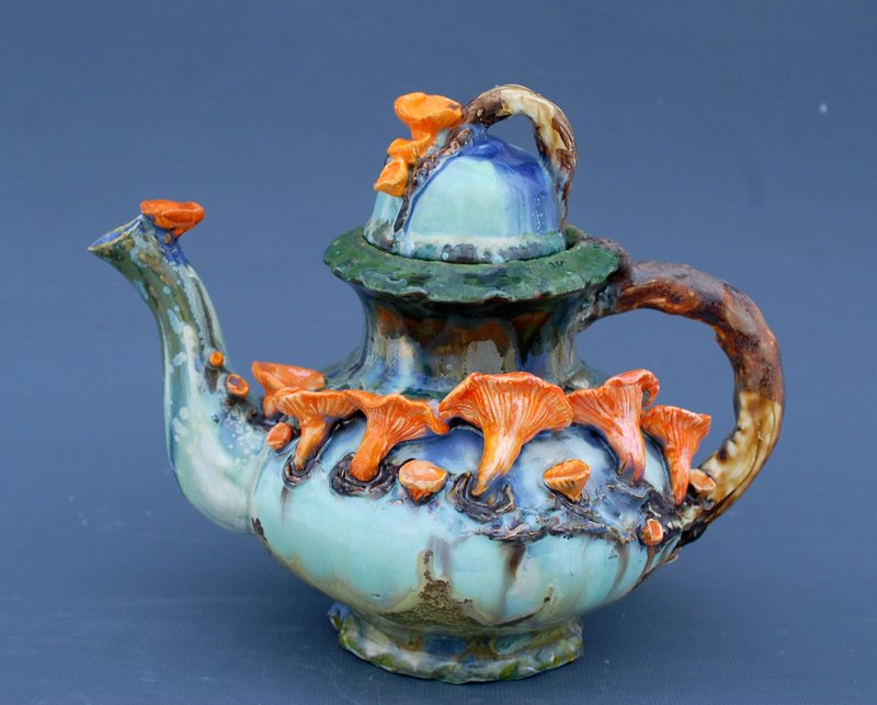 Large teapot Handmade unusual ceramic teapot Mushrooms figurine Fairy teapot - 茶壺/茶杯/茶具 - 陶 多色