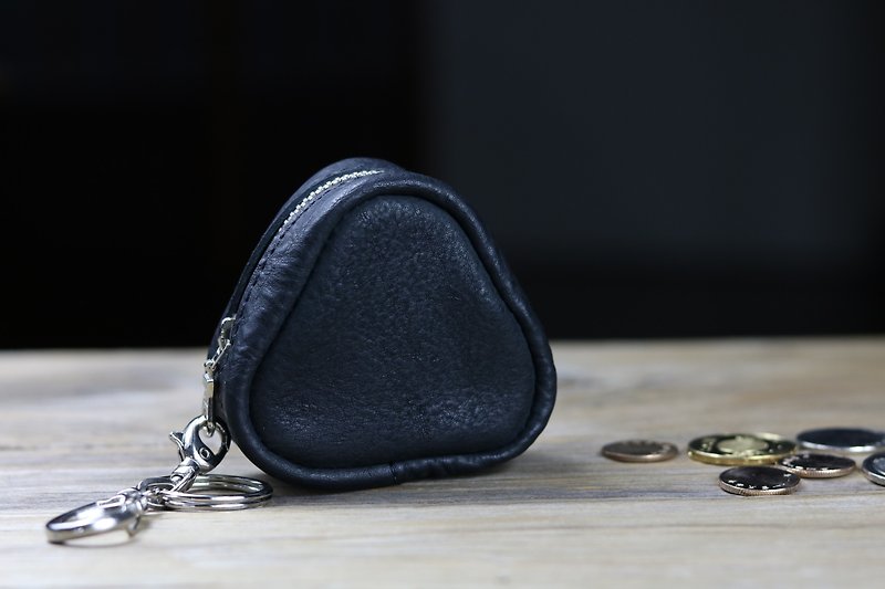 Triangular coin purse/AirPods/headphone storage/rice ball shape-Heise - Toiletry Bags & Pouches - Genuine Leather Black