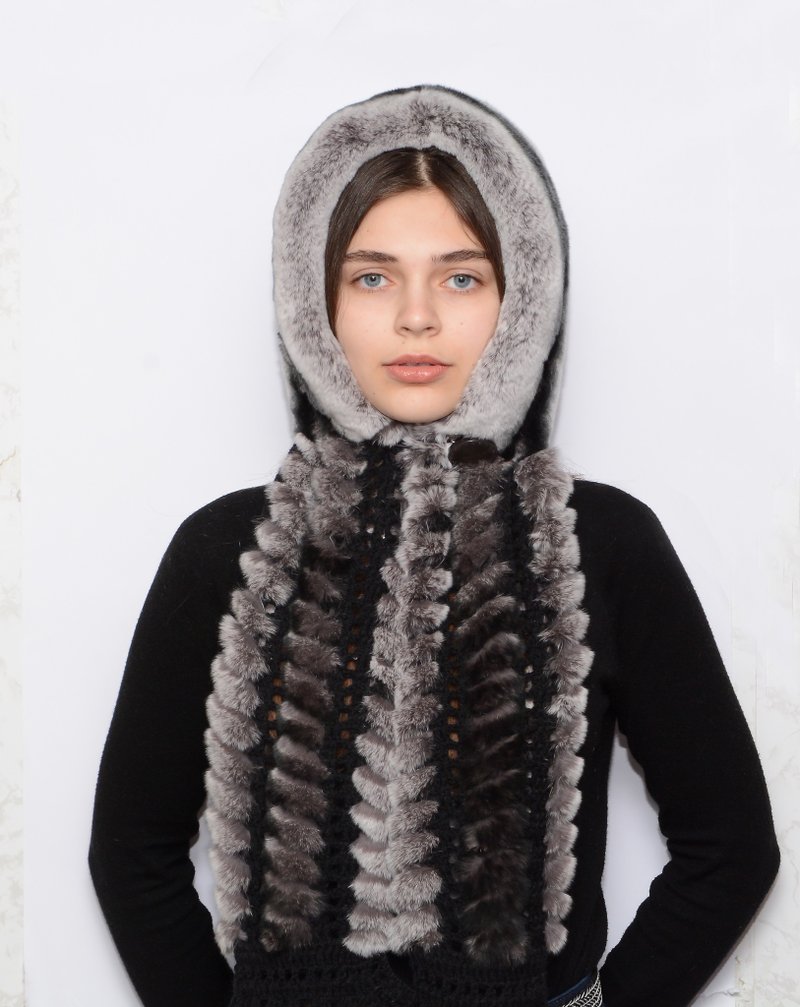 Womens Rabbit Fur Hood Winter Real Fur Hat Luxury Fur Scarf Hat - 帽子 - 羊毛 透明