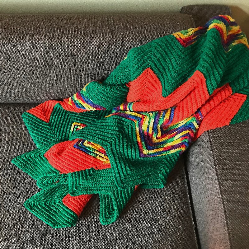 Early hand crocheted blanket / hippie age - ผ้าห่ม - ขนแกะ สีเขียว