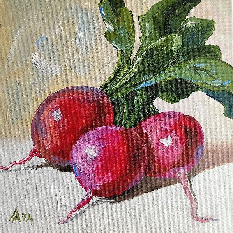 Red radish painting original oil art still life 15 by 15 cm - Posters - Other Materials Red