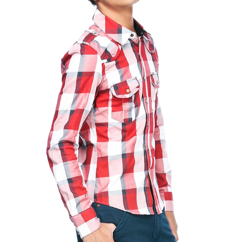 50 combed cotton red and white plaid pyramid stud long-sleeved shirt - เสื้อเชิ้ตผู้ชาย - ผ้าฝ้าย/ผ้าลินิน สีแดง