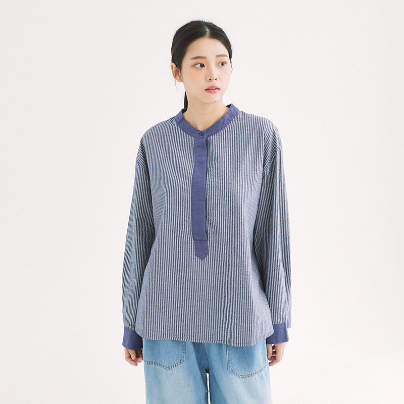 【Simply Yours】條紋拚色襯衫 藍F - 女襯衫 - 棉．麻 藍色