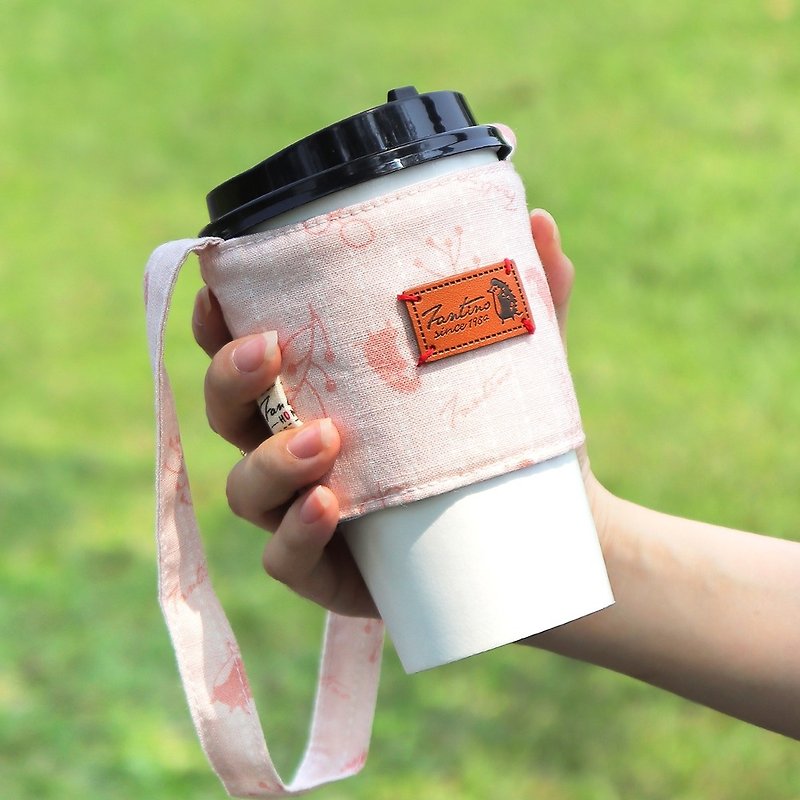 雙層隔熱環保飲料杯套(漂浮森林)草莓粉/交換禮物/畢業季 - 杯袋/飲料提袋 - 棉．麻 粉紅色