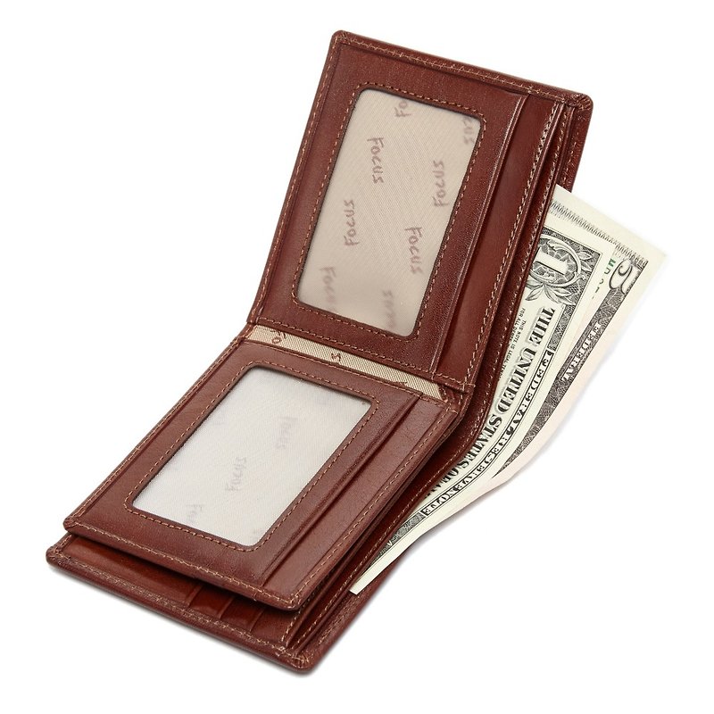 Genuine leather men's short clip/zipper coin double transparent window 6 card holder wallet/boys wallet - กระเป๋าสตางค์ - หนังแท้ สีนำ้ตาล