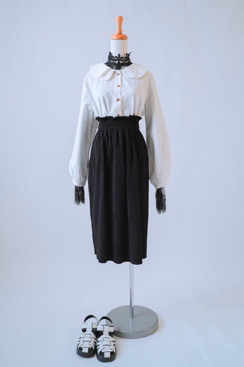 In addition to True Love 90's vintage pleated high-waist skirt - กระโปรง - ผ้าฝ้าย/ผ้าลินิน สีดำ