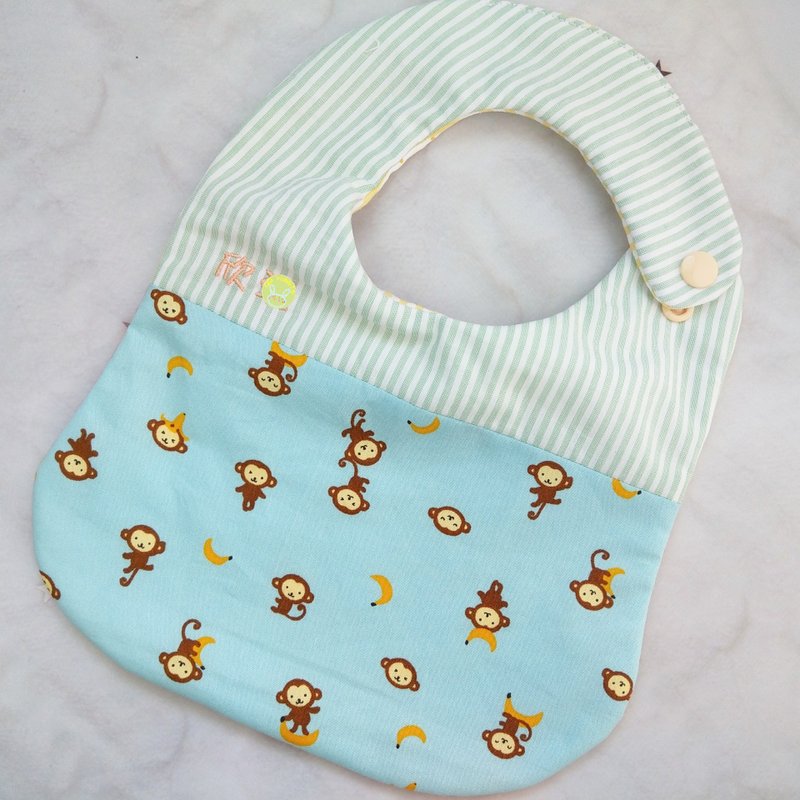 Monkeys love bananas. Bib (name can be embroidered) - ผ้ากันเปื้อน - ผ้าฝ้าย/ผ้าลินิน สีน้ำเงิน