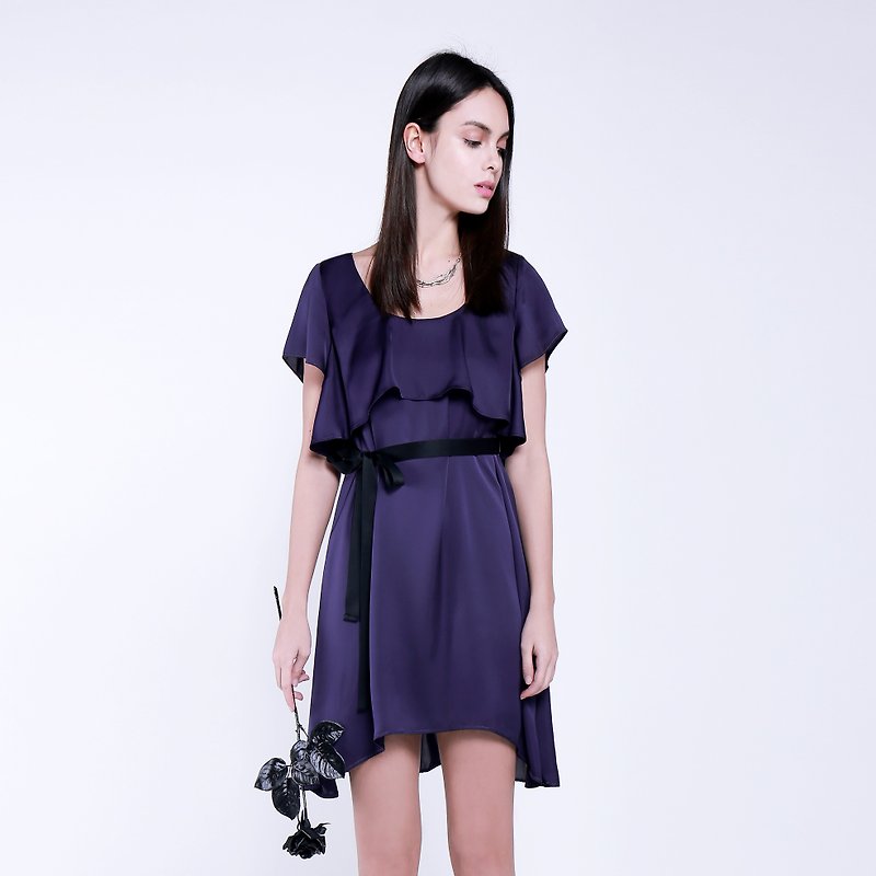 紫色洋裝黑薔薇兩層闊擺連衣裙  純色 素色 淨色 - 裙子/長裙 - 其他材質 紫色