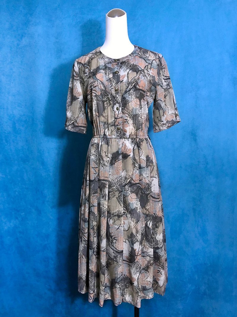 Wave piping art flower light antique short-sleeved dress / bring back VINTAGE abroad - One Piece Dresses - Polyester Multicolor