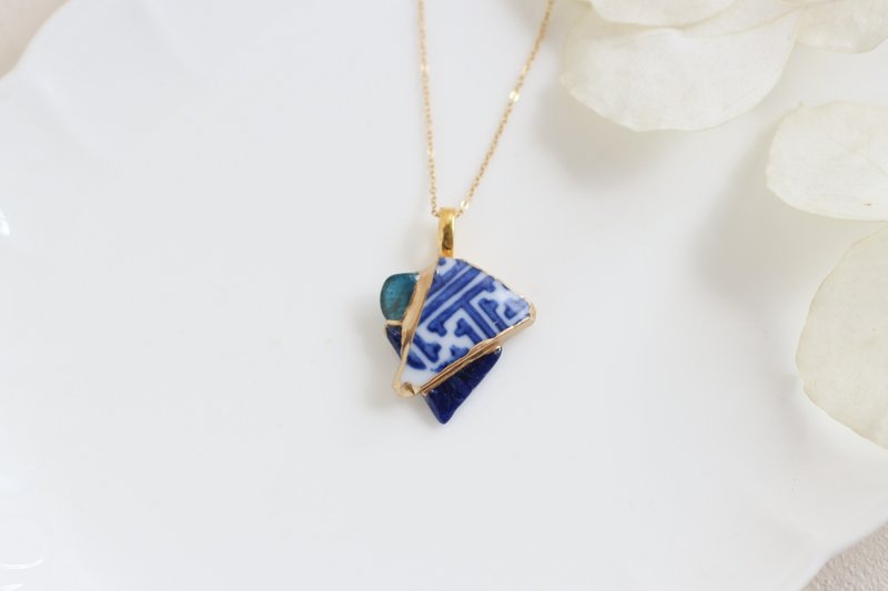 Sea Pottery Kintsugi Blue Necklace Surgical Stainless Steel Chain Hypoallergenic 18K Sodalite Natural Stone Traditional Crafts Ceramic Fragment a22 - Necklaces - Pottery Blue