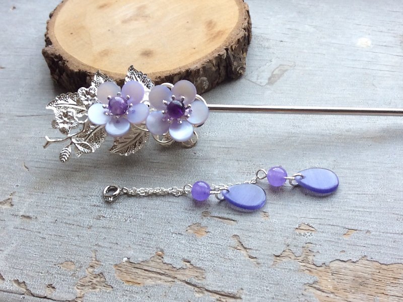 Meow Handmade~Classical Plum Blossom Double-sided Hairpin (Silver/Purple Plum) - Hair Accessories - Other Materials Blue