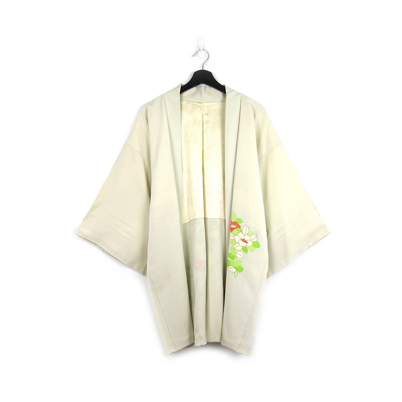 グリーンジャパンに戻る羽織る緑の花/ビンテージ着物 - ジャケット - シルク・絹 