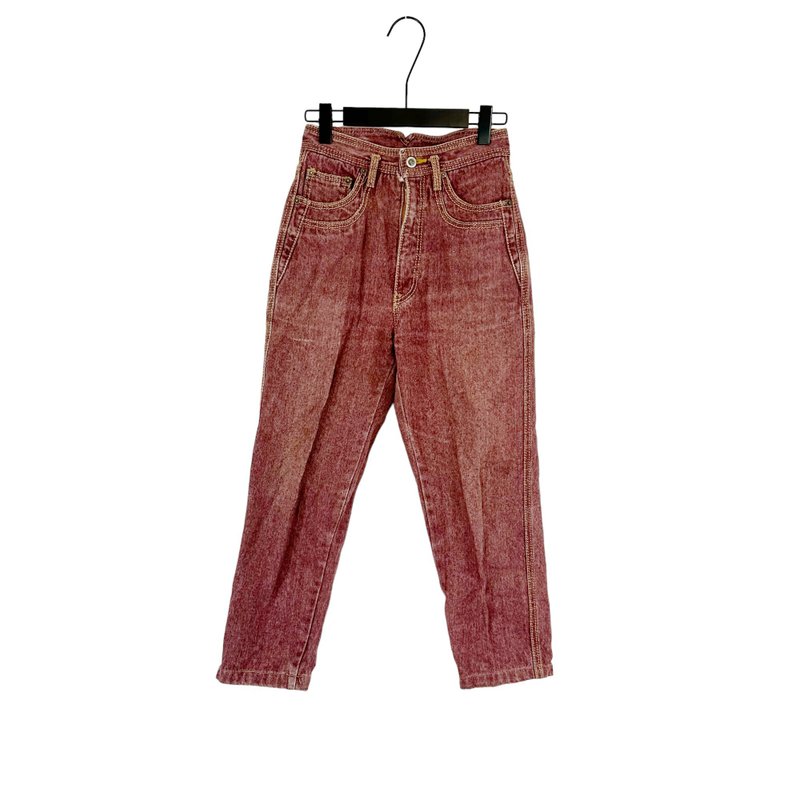 Second-hand wine red denim denim thick stitching wide hips high waist 25 trousers PF322 - กางเกงขายาว - ผ้าฝ้าย/ผ้าลินิน สีแดง