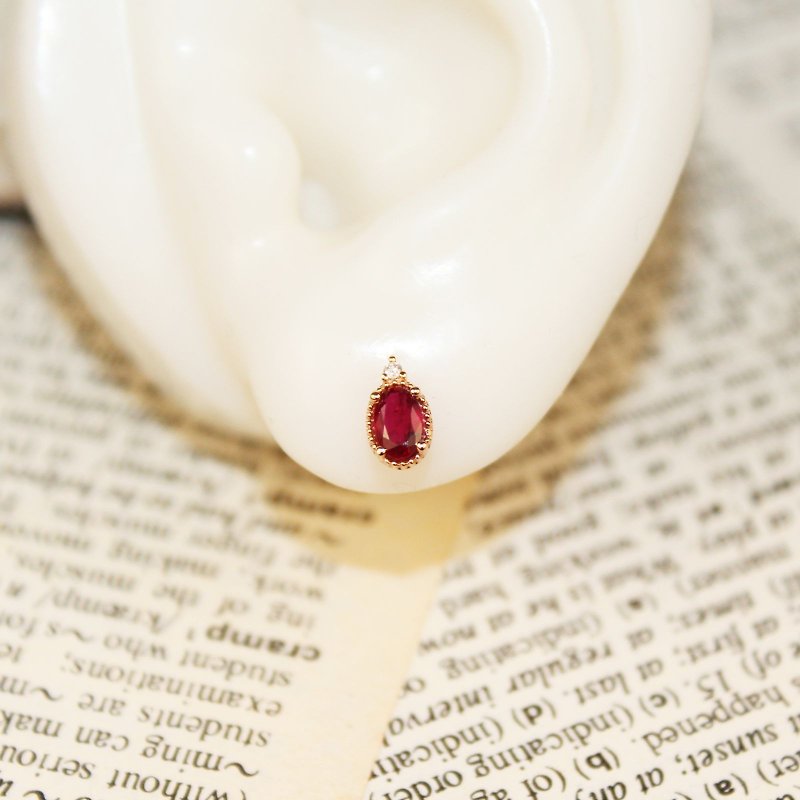 [Wine] 18K diamond ruby ​​stud earrings ruby ​​burgundy Rose Gold - ต่างหู - โรสโกลด์ สีแดง