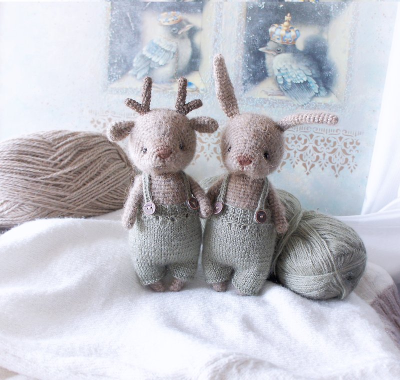 Deer and Bunny Set of toys, Stuffed Animal Dolls with clothes, Gift for Twins - Stuffed Dolls & Figurines - Wool Green