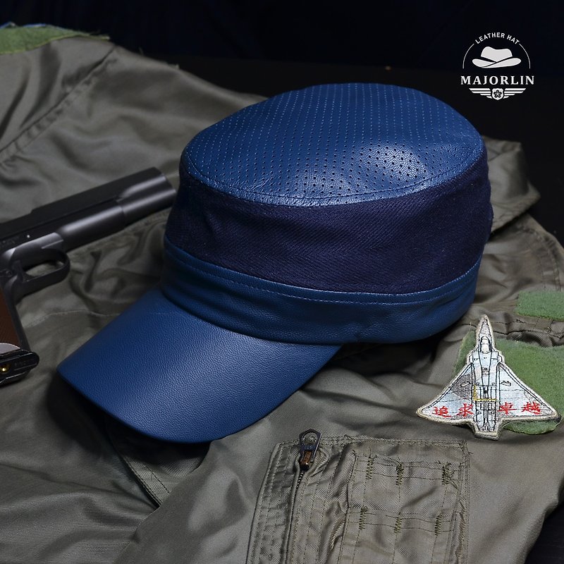 軍風皮帽 MAJORLIN 偵察兵軍帽 真皮與帆布 透氣舒適 時尚新選擇 - 帽子 - 真皮 藍色